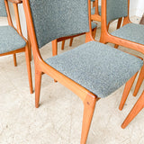 Set of 6 High Back Teak Dining Chairs w/ New Blue/Grey Tweed Upholstery