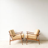 Pair of Mid Century Lounge Chairs with New Light Gold/Brown Upholstery