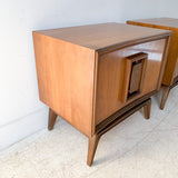 Pair of Mid Century Burlwood and Walnut Sculpted Bow Front Nightstands