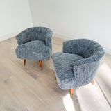 Pair of Mid Century Swivel Chairs w/ New Blue Tweed Upholstery