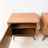 Pair of Mid Century Burlwood and Walnut Sculpted Bow Front Nightstands