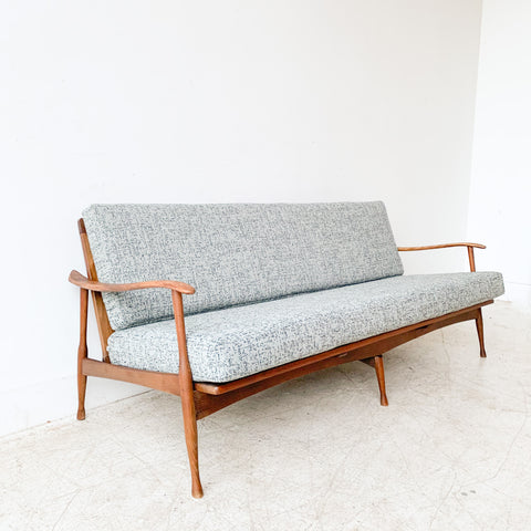 Mid Century Sofa with New Blue/Grey Tweed Upholstery