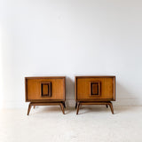 Pair of Mid Century Burlwood and Walnut Sculpted Bow Front Nightstands