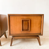 Pair of Mid Century Burlwood and Walnut Sculpted Bow Front Nightstands