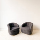 Pair of Vintage Swivel Rockers with New Charcoal Grey Tweed Upholstery