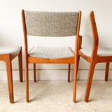 Set of 4 Vintage Teak Dining Chairs w/ New Light Grey Tweed Upholstery
