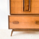 Mid Century Burlwood and Walnut Highboy Dresser