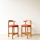 Pair of Teak Bar Stools w/ New Orange Upholstery