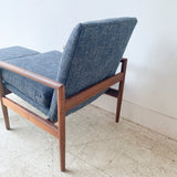 Mid Century Lounge Chair and Ottoman w/ Blue Tweed Upholstery