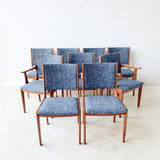 Set of 9 Teak Dining Chairs with New Navy Tweed Upholstery