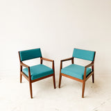 Pair of Walnut Occasional Chairs with New Teal Upholstery