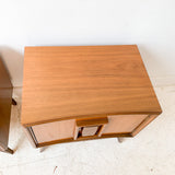 Pair of Mid Century Burlwood and Walnut Sculpted Bow Front Nightstands