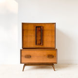 Mid Century Burlwood and Walnut Highboy Dresser