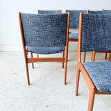 Set of 9 Teak Dining Chairs with New Navy Tweed Upholstery