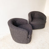 Pair of Vintage Swivel Rockers with New Charcoal Grey Tweed Upholstery