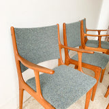 Set of 6 High Back Teak Dining Chairs w/ New Blue/Grey Tweed Upholstery