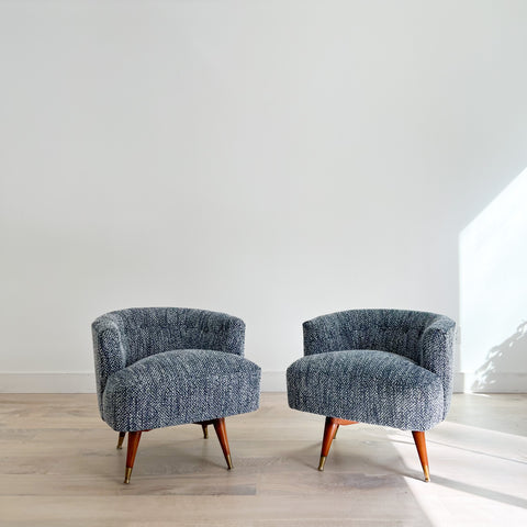 Pair of Mid Century Swivel Chairs w/ New Blue Tweed Upholstery