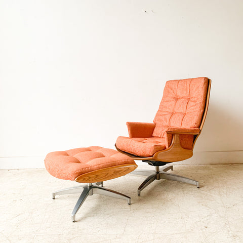 Mid Century Heywood Wakefield Lounge Chair and Ottoman w/ New Orange Upholstery