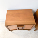 Pair of Mid Century Burlwood and Walnut Sculpted Bow Front Nightstands