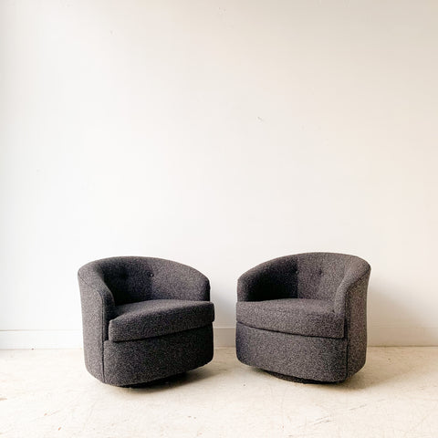 Pair of Vintage Swivel Rockers with New Charcoal Grey Tweed Upholstery