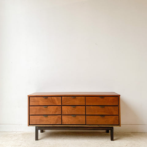 Mid Century Low 9 Drawer Dresser with Metal Drawer Pulls