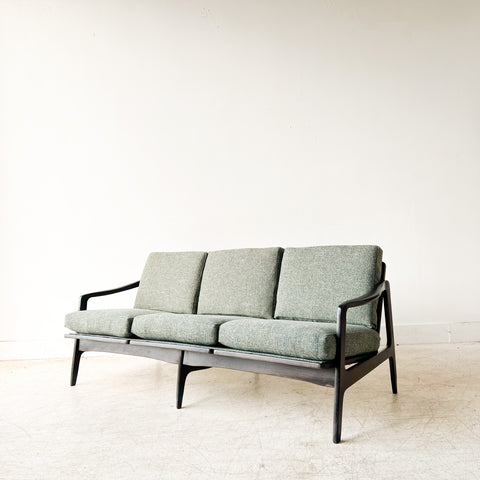 Mid Century Sofa with New Green Tweed Upholstery