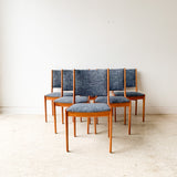 Set of 6 Teak Dining Chairs w/ New Blue Tweed Upholstery
