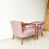 Pair of Sculpted Walnut Lounge Chairs w/ New Purple Upholstery
