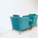 Pair of Mid Century Barrel Lounge Chairs with New Green Upholstery
