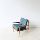 Mid Century Lounge Chair with New Blue Stripe Upholstery
