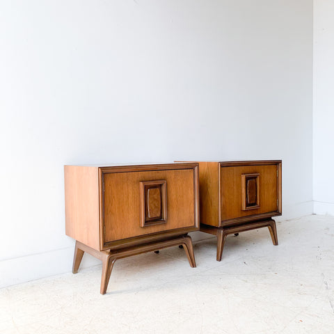 Pair of Mid Century Burlwood and Walnut Sculpted Bow Front Nightstands