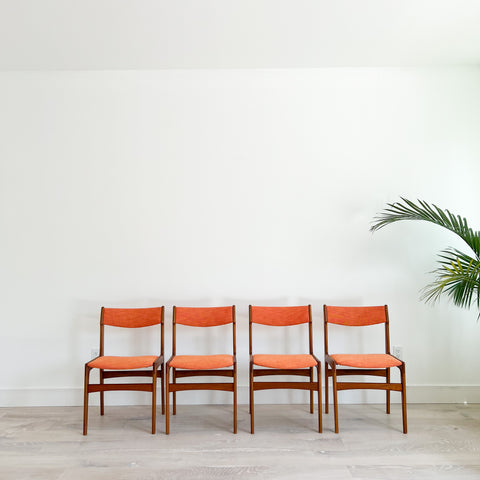 Set of Danish Teak Dining Chairs w/ New Orange Upholstery