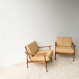Pair of Mid Century Lounge Chairs with New Light Gold/Brown Upholstery