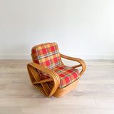 Vintage Rattan Chair w/ Plaid Upholstery