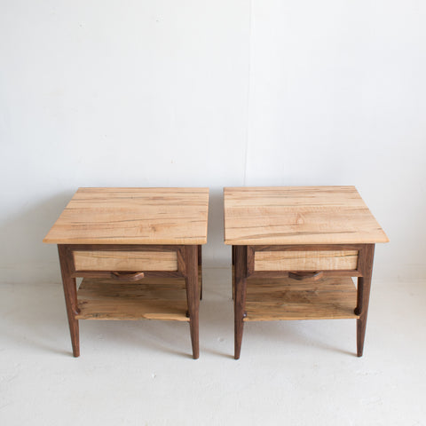 Pair of Modern Curly Ambrosia/Walnut End Tables