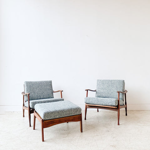 Pair of Mid Century Lounge Chairs with Ottoman - New Upholstery