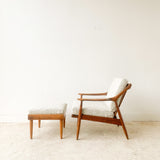 Mid Century Lounge Chair and Ottoman with New Off White Upholstery