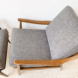 Pair of MId Century Lounge Chairs with New Blue/Grey Tweed Upholstery