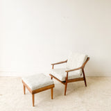 Mid Century Lounge Chair and Ottoman with New Off White Upholstery