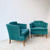 Pair of Mid Century Barrel Lounge Chairs with New Green Upholstery