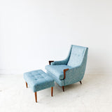 Mid Century Lounge Chair and Ottoman w/ New Blue Upholstery