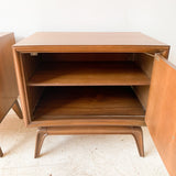 Pair of Mid Century Burlwood and Walnut Sculpted Bow Front Nightstands