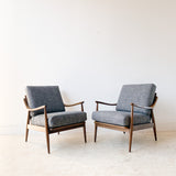 Pair of MId Century Lounge Chairs with New Blue/Grey Tweed Upholstery