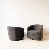 Pair of Vintage Swivel Rockers with New Charcoal Grey Tweed Upholstery