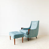 Mid Century Lounge Chair and Ottoman w/ New Blue Upholstery