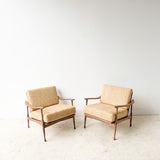 Pair of Mid Century Lounge Chairs with New Light Gold/Brown Upholstery