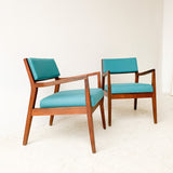 Pair of Walnut Occasional Chairs with New Teal Upholstery