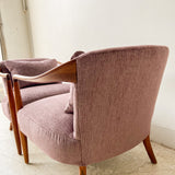 Pair of Sculpted Walnut Lounge Chairs w/ New Purple Upholstery