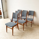 Set of 6 Danish Walnut Dining Chairs with New Blue/Grey Tweed Upholstery