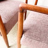 Pair of Sculpted Walnut Lounge Chairs w/ New Purple Upholstery